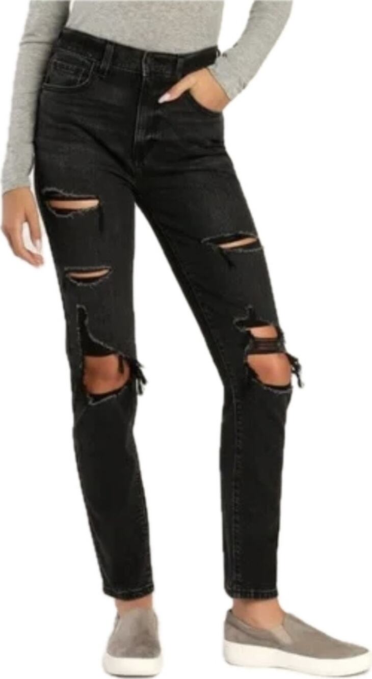 Eunina Tobi Super High Rise Mom Jeans Ankle Women's 7/28 Black Distressed NWT